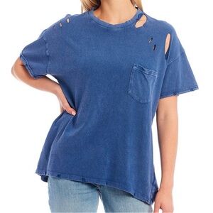 FREE PEOPLE WE THE FREE BLUE SHORT SLEEVE OVERSIZED DISTRESSED RUBI TEE - SZ M